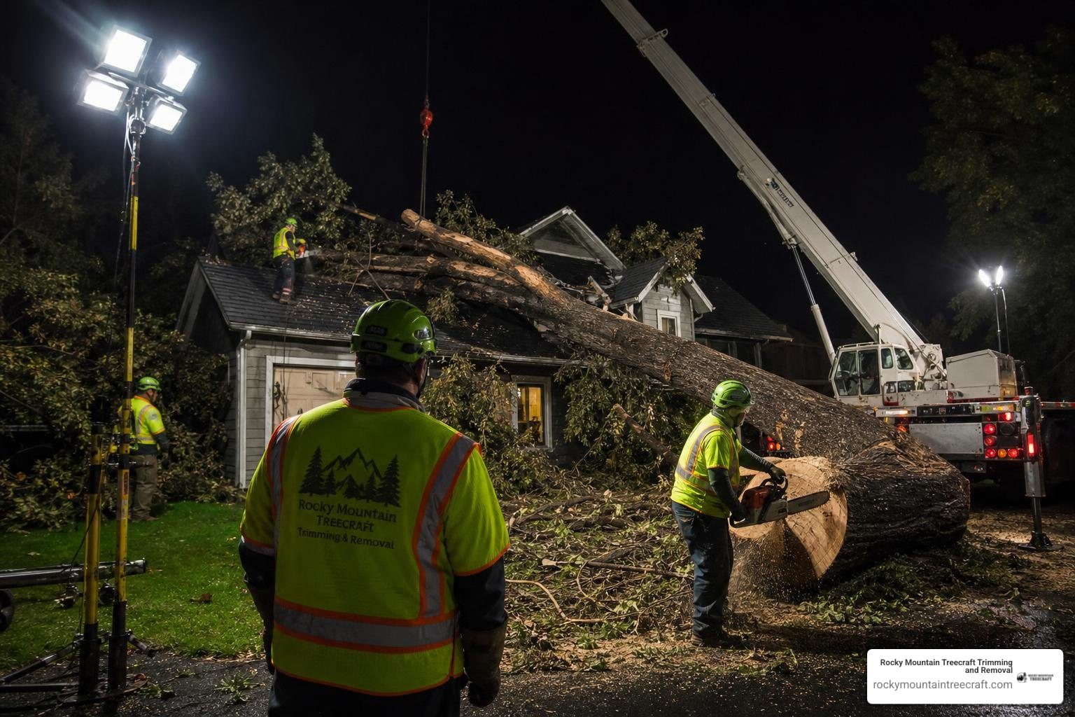 Emergency tree service crew working at night with portable lighting rigs Emergency tree service crew working at night with portable lighting rigs