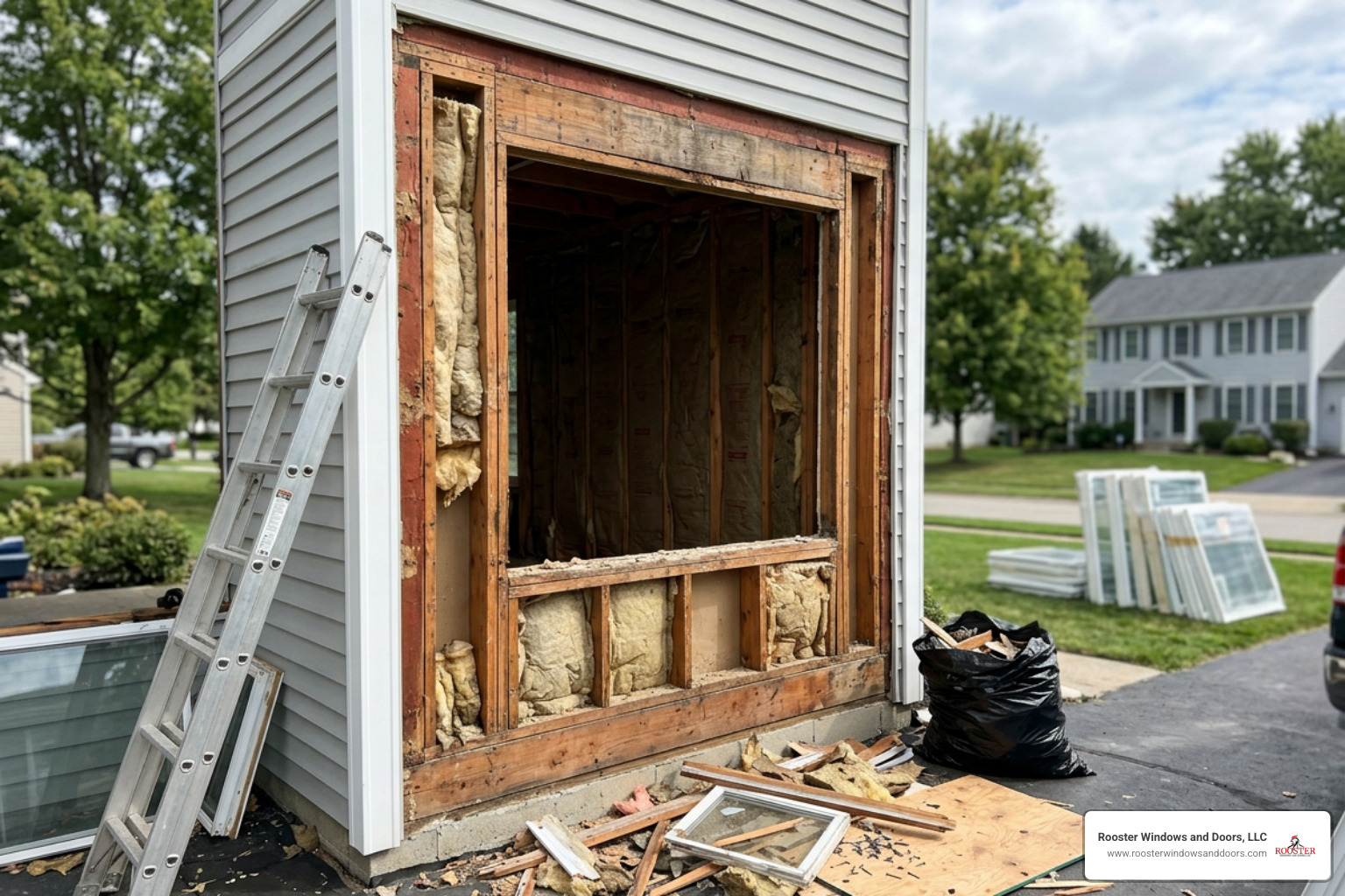 full frame window tear out revealing house framing full frame window tear out revealing house framing