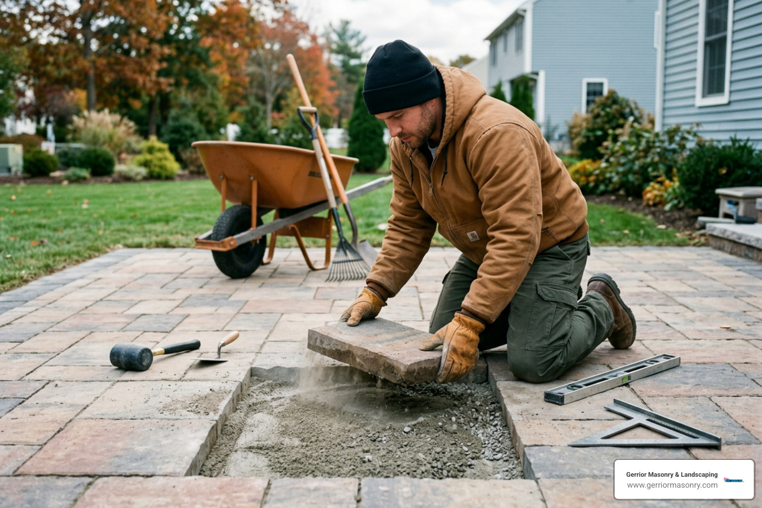 hardscaping contractor lifting sunken patio pavers