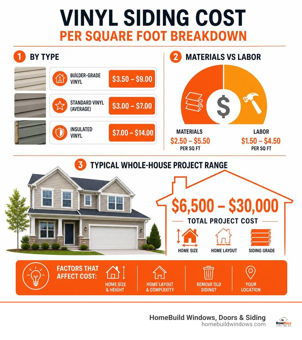 Infographic showing vinyl siding cost per square foot breakdown by type, materials vs labor, and typical whole-house project Infographic showing vinyl siding cost per square foot breakdown by type, materials vs labor, and typical whole-house project
