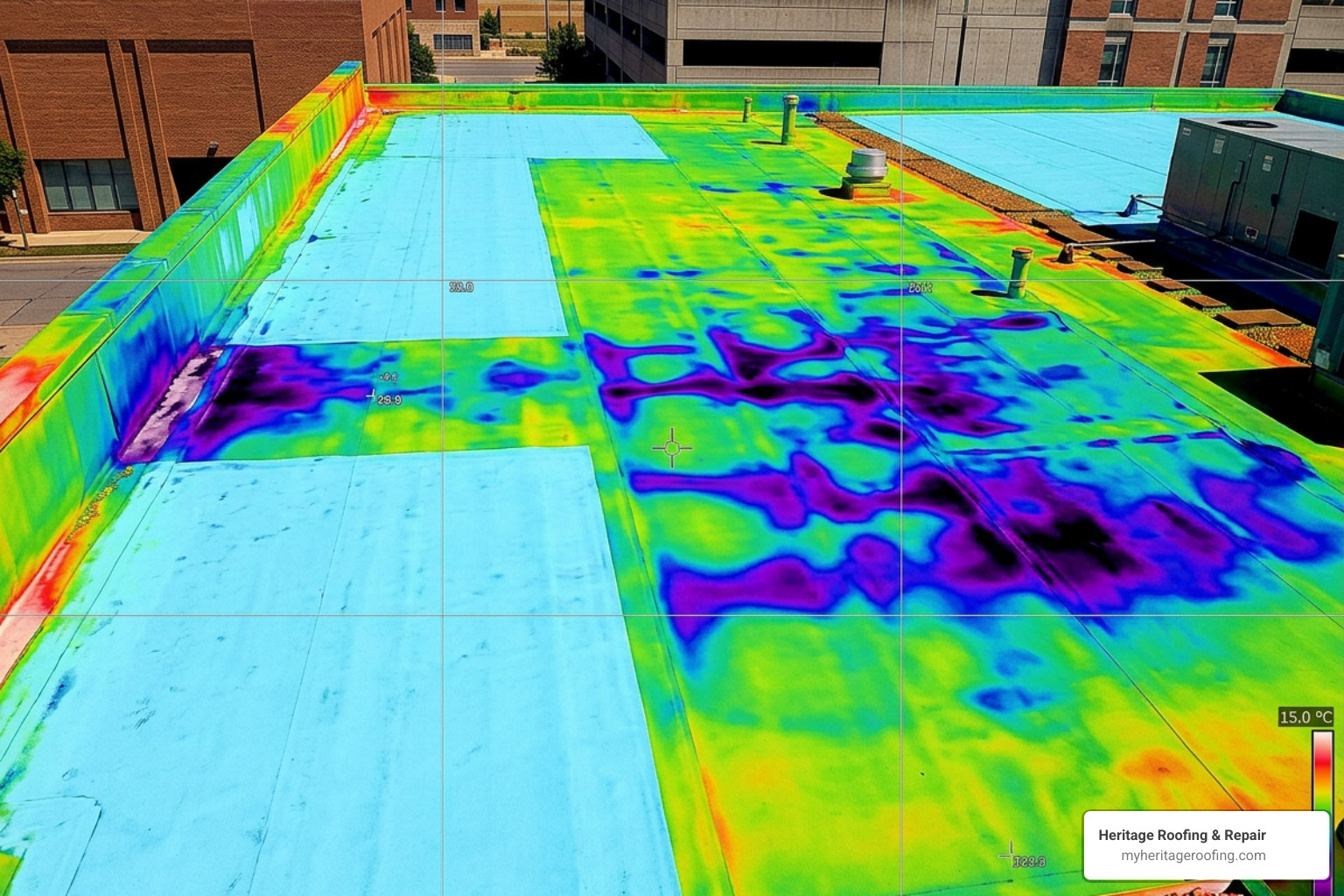 Infrared thermography scan showing hidden moisture trapped underneath single-ply roof membrane