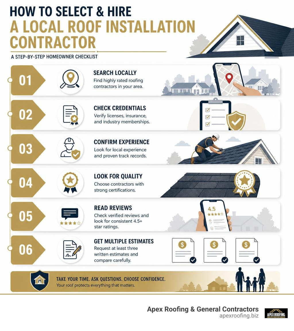 Step-by-step infographic showing how to select and hire a local roof installation contractor infographic Step-by-step infographic showing how to select and hire a local roof installation contractor infographic