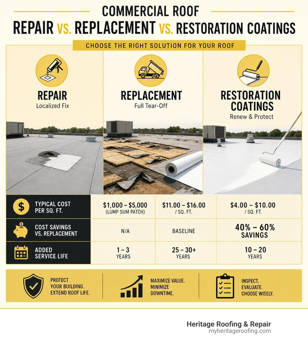 Comparison of Commercial Roof Repair vs Replacement vs Restoration Coatings infographic