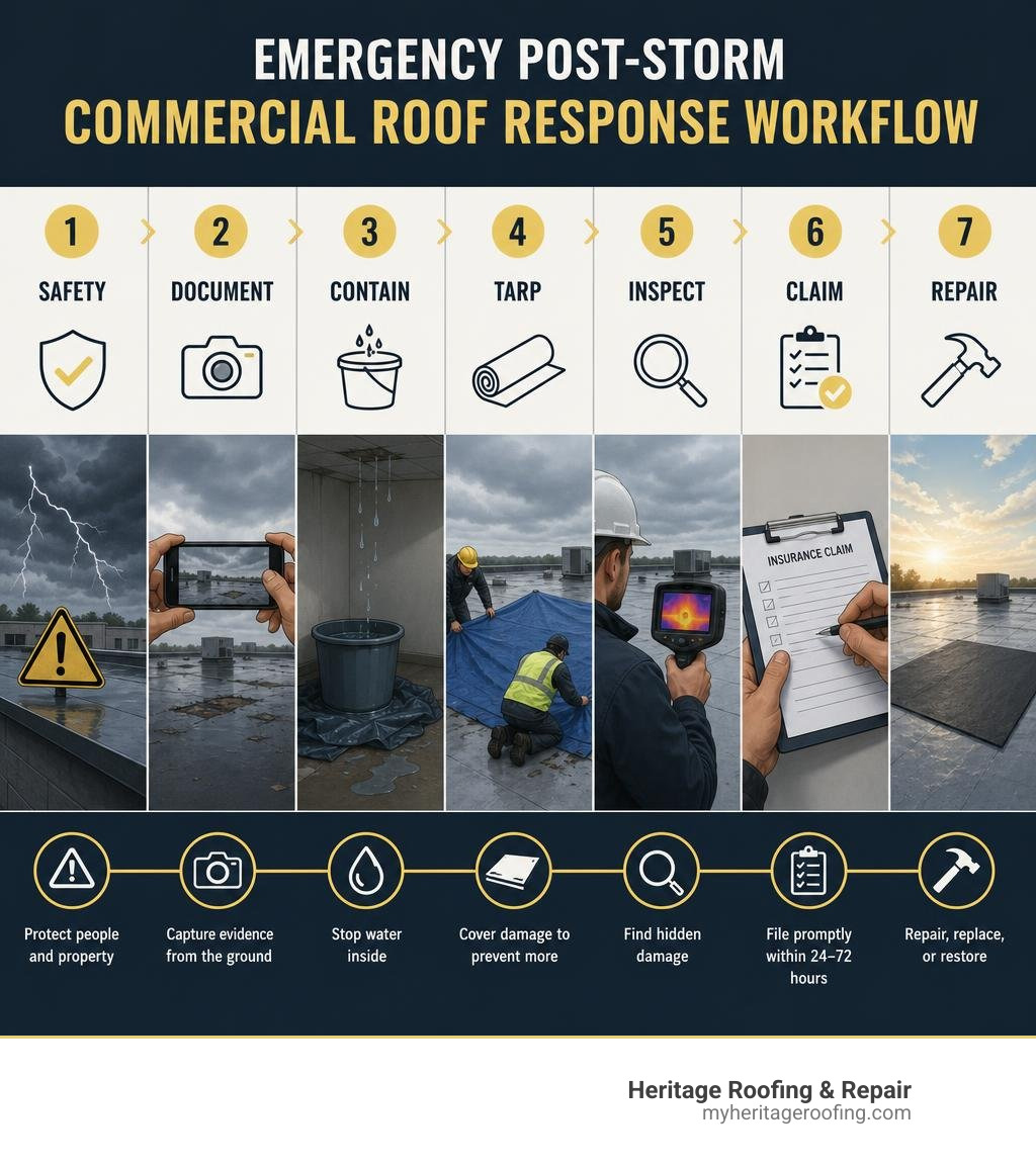 Emergency post-storm commercial roof response workflow: safety, document, contain, tarp, inspect, claim, repair infographic