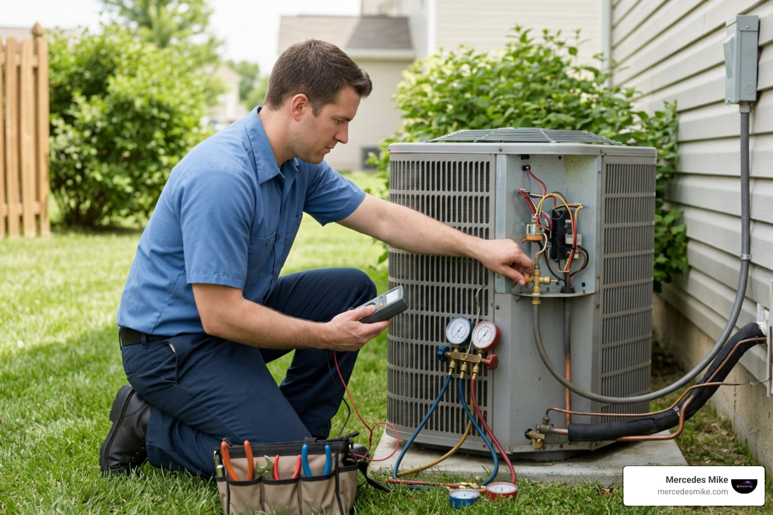 technician performing air conditioner diagnostic maintenance