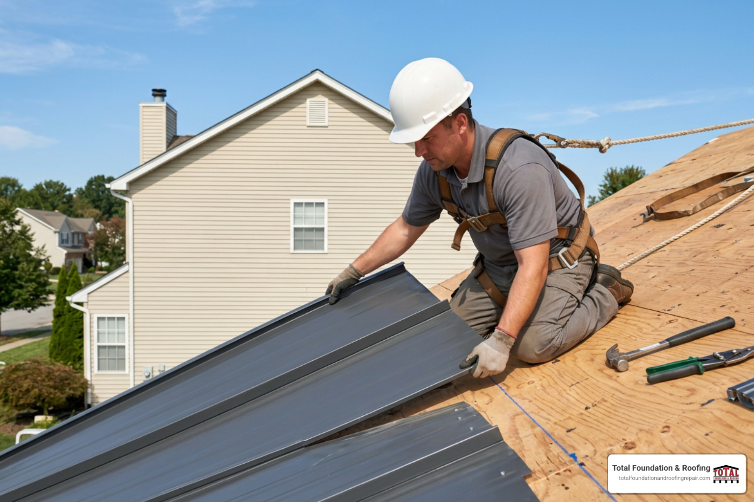 Installer placing initial metal panel squarely along the eave line