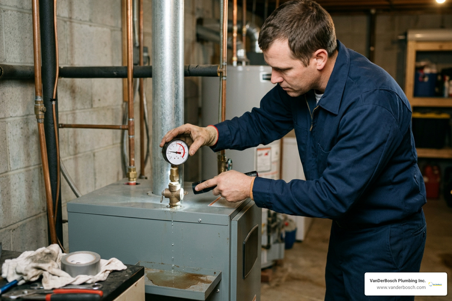 Heating technician inspecting an abnormal boiler pressure gauge and leaking relief valve