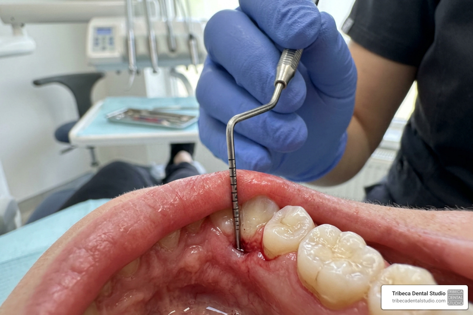 dental probe evaluating periodontal pocket depth around inflamed gum tissue