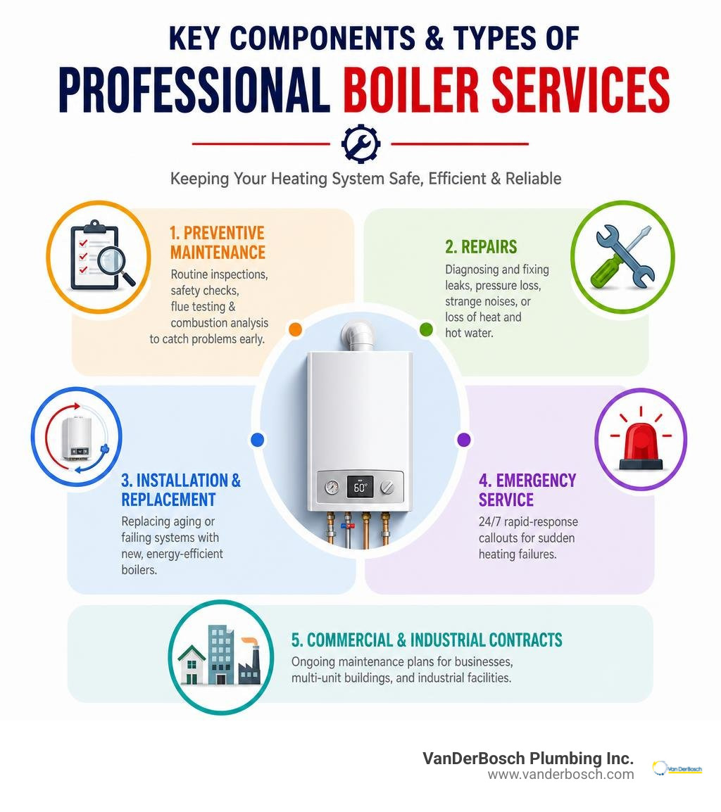 Key components and types of professional boiler services explained infographic