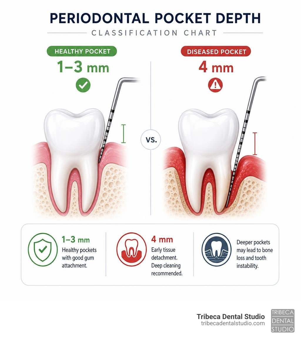 periodontal pocket depth classification chart showing 1 to 3 millimeter healthy vs 4 millimeter diseased pockets infographic