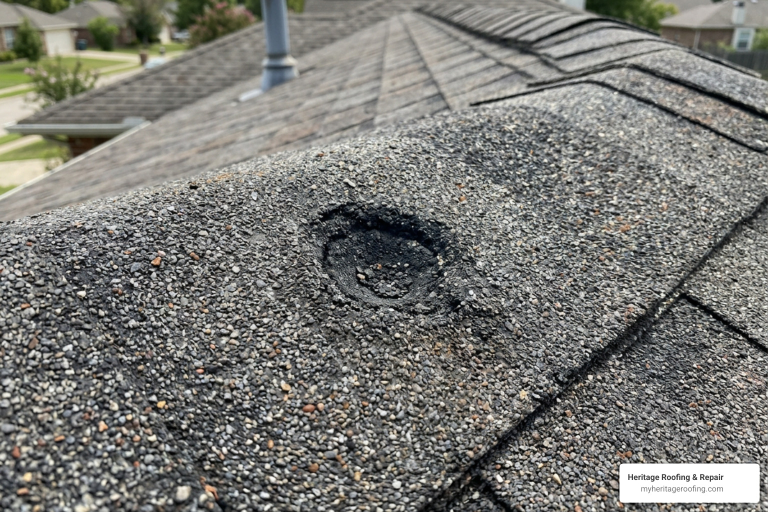 Hail strike indentation on an asphalt shingle