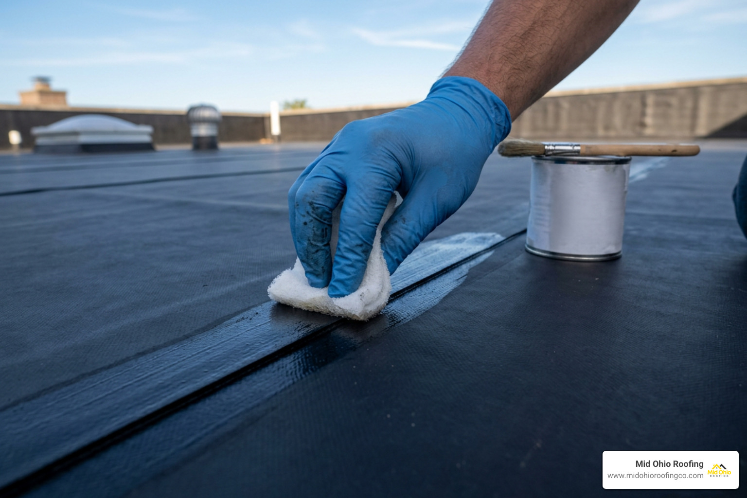 Applying seam primer to a clean black EPDM rubber roof membrane surface
