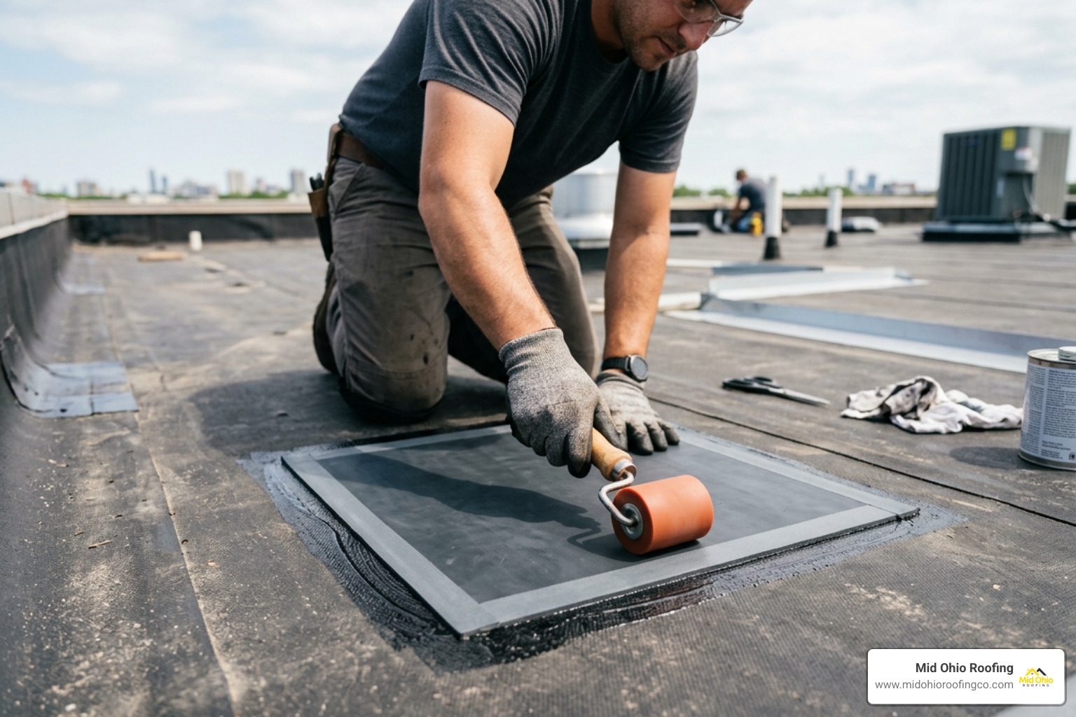 Hand rolling an EPDM roof patch with a silicone roller to remove air bubbles