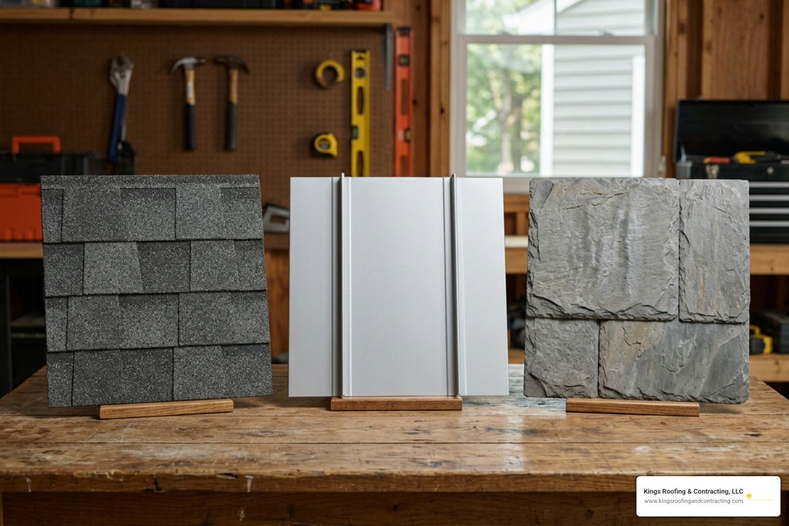Roofing material samples showing composition shingles metal tile and slate side by side
