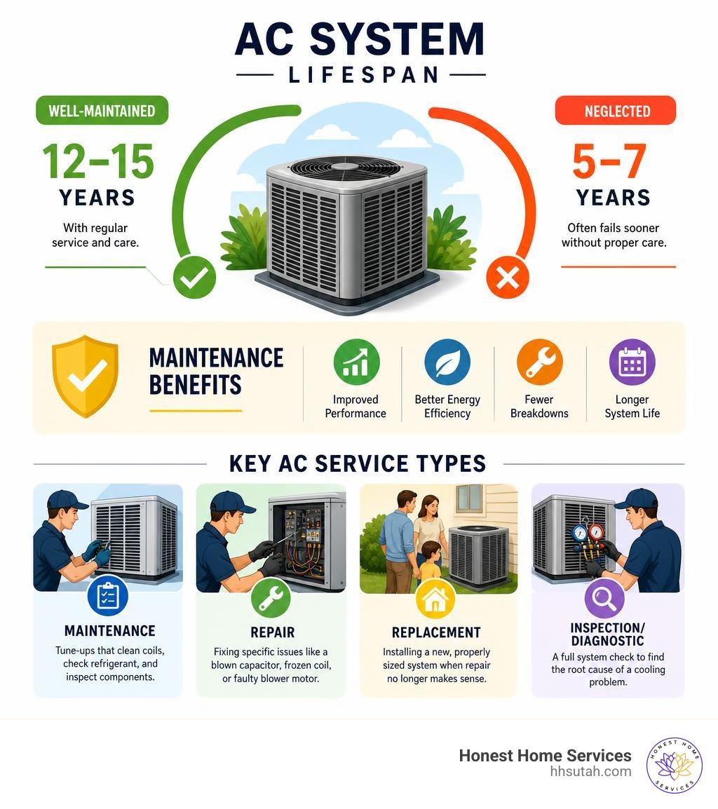 Infographic showing AC system lifespan, maintenance benefits, and key service types infographic Infographic showing AC system lifespan, maintenance benefits, and key service types infographic