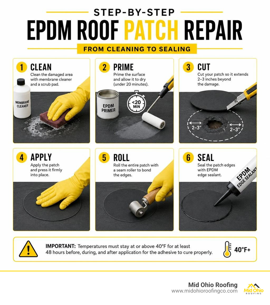 Step-by-step EPDM roof patch repair process infographic from cleaning to sealing infographic