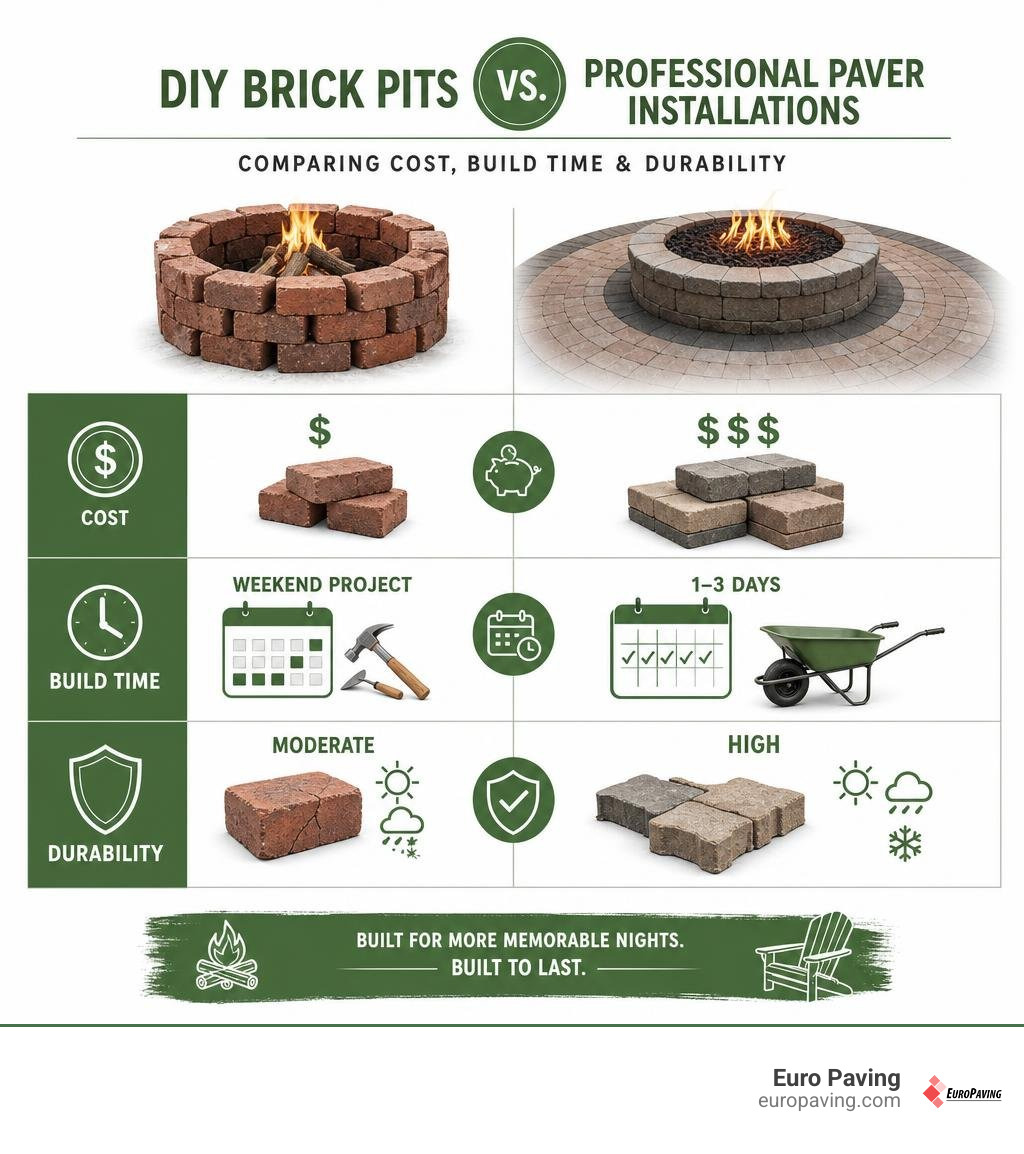 infographic comparing costs, build time, and durability of DIY brick pits vs professional Unilock paver installations