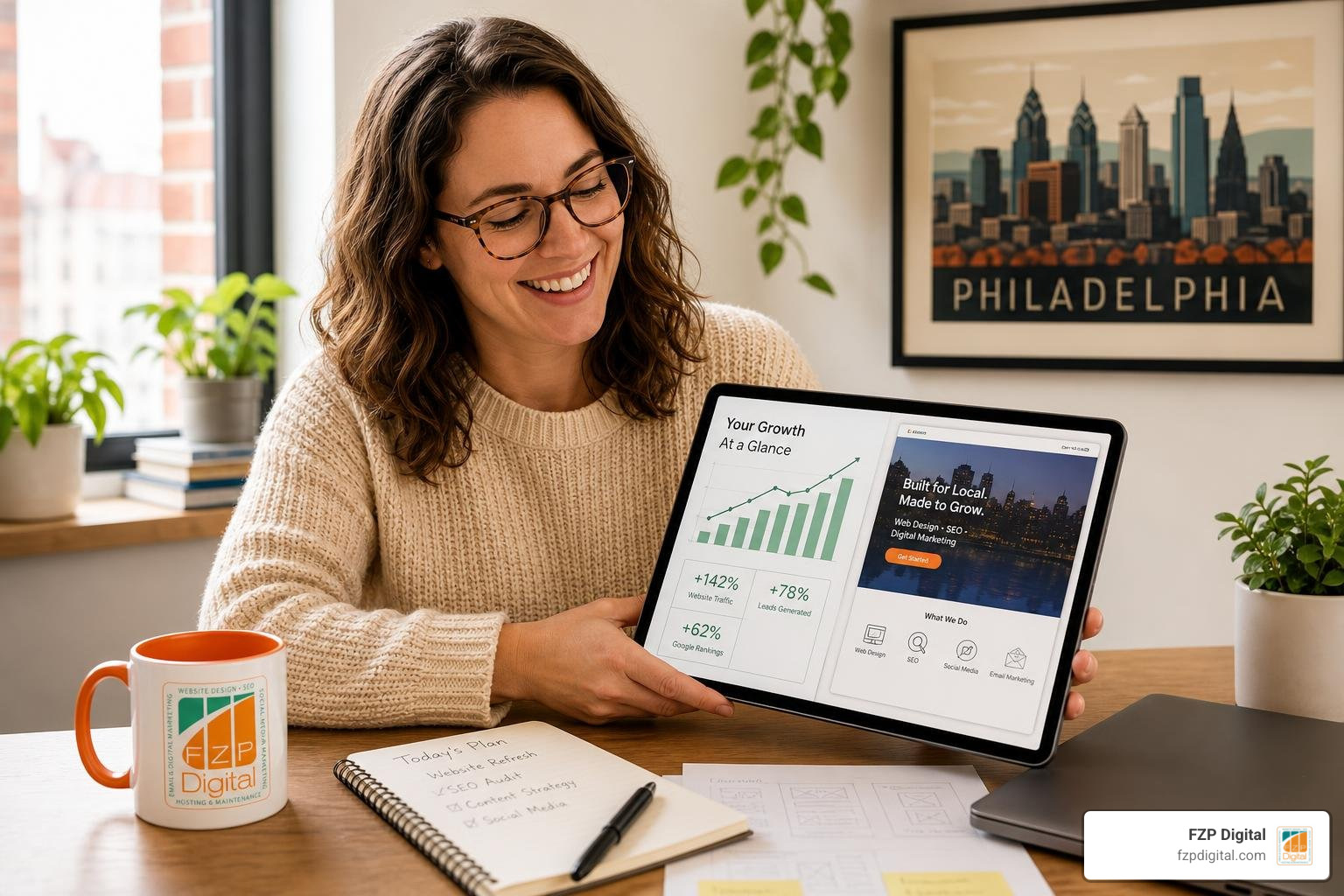 Local business owner evaluating digital growth strategies with FZP Digital logo Local business owner evaluating digital growth strategies with FZP Digital logo