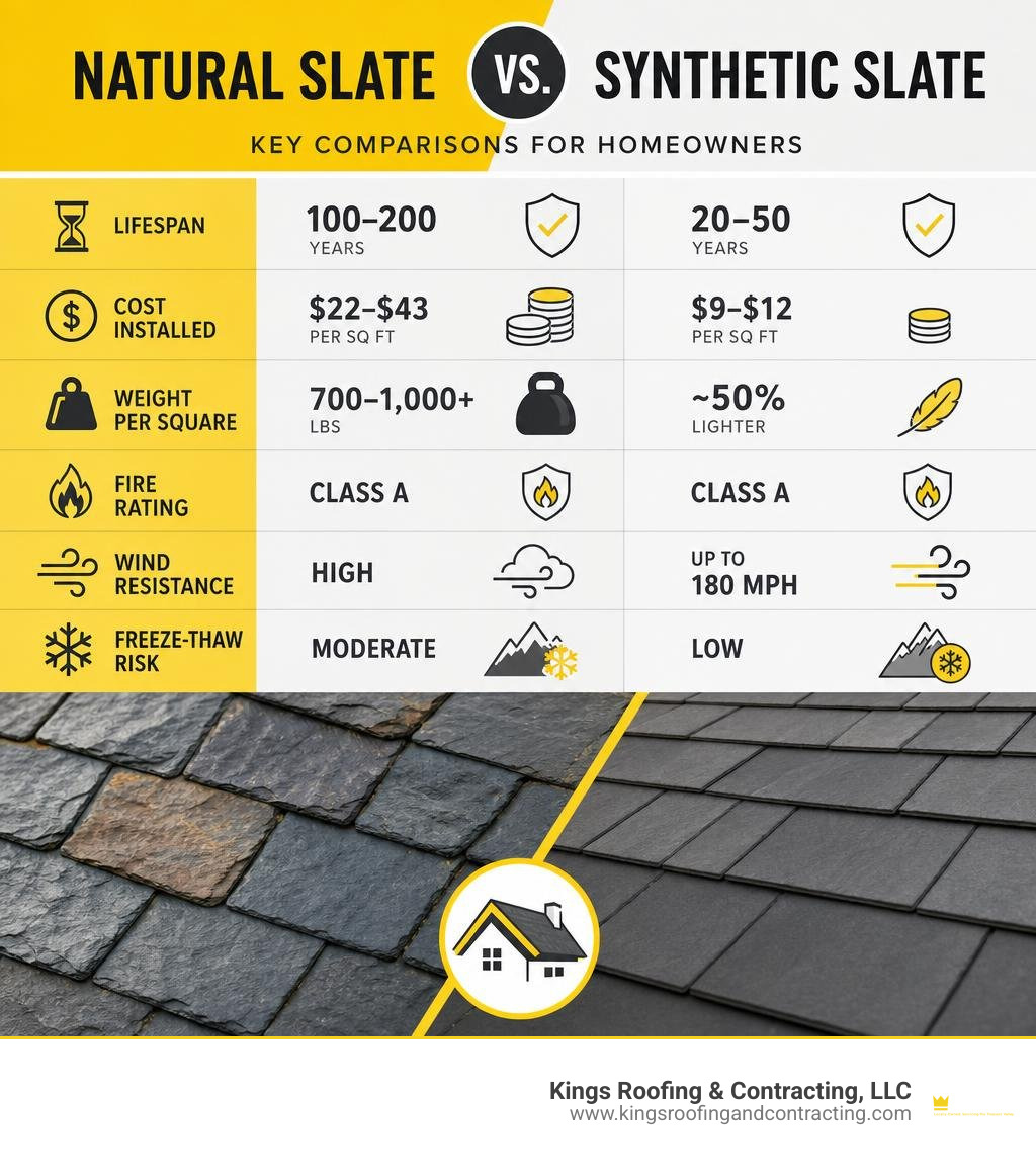 Key comparisons between natural slate and synthetic slate roofing options for homeowners infographic Key comparisons between natural slate and synthetic slate roofing options for homeowners infographic