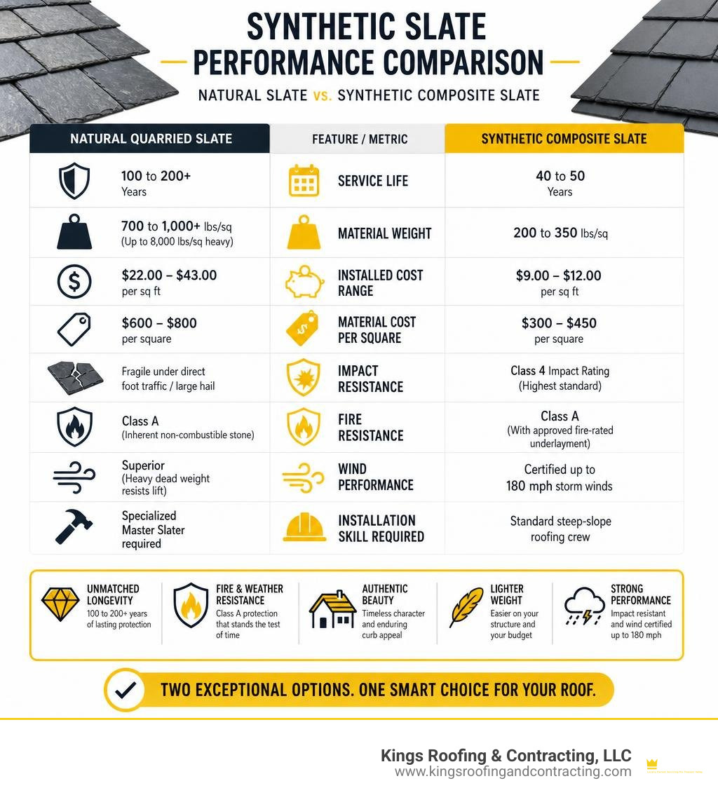 Synthetic slate performance characteristics versus natural slate infographic Synthetic slate performance characteristics versus natural slate infographic