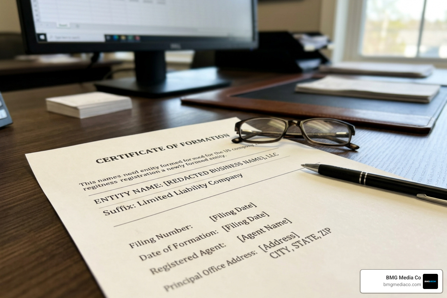 Business registration document featuring official LLC entity suffix