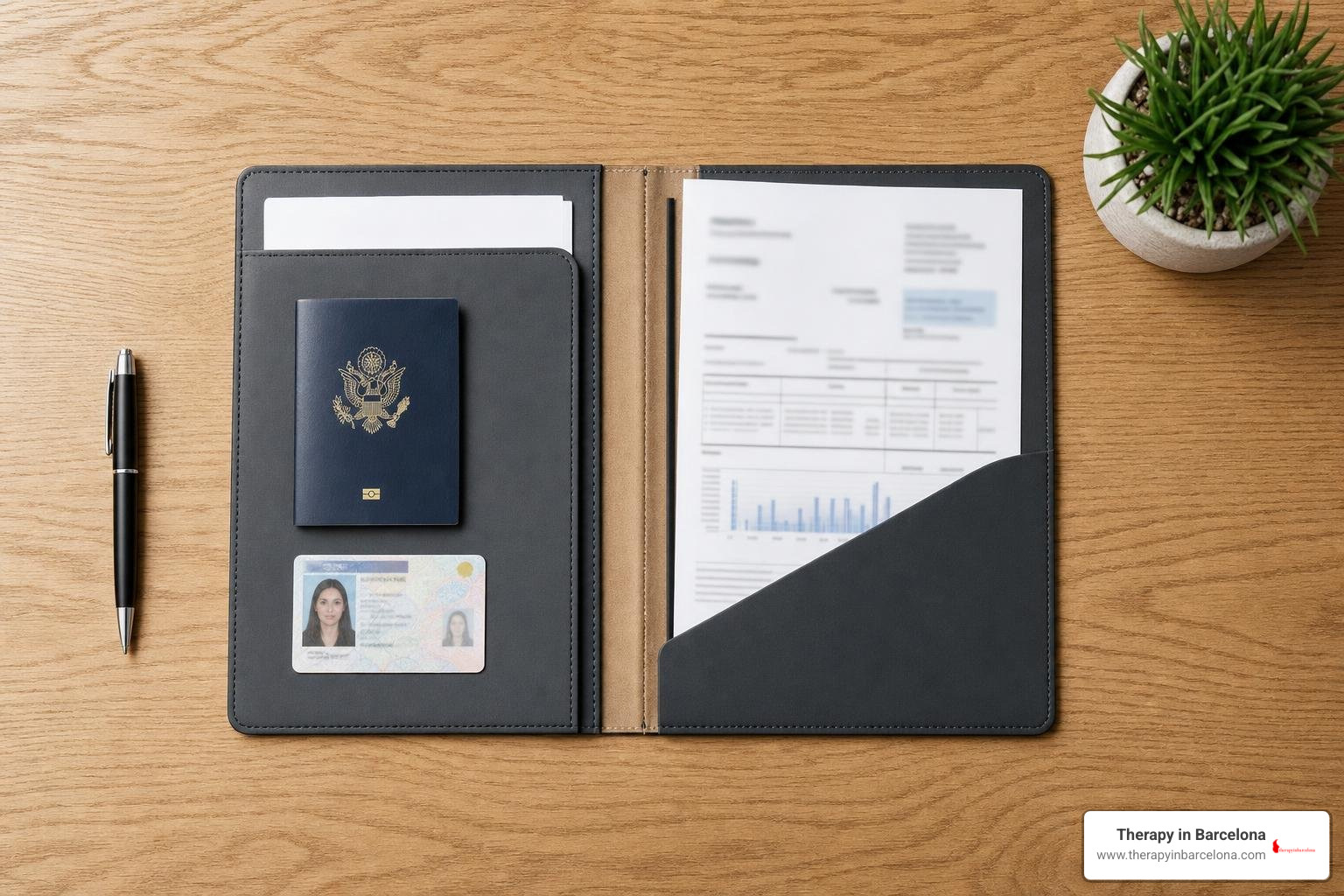 Organized folder containing passport, original driving license, and residency paperwork on a table
