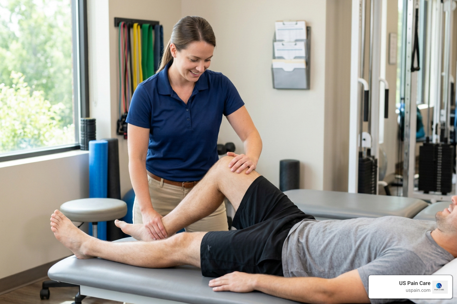 Patient working with a physical therapist on gentle joint mobilization and leg exercises