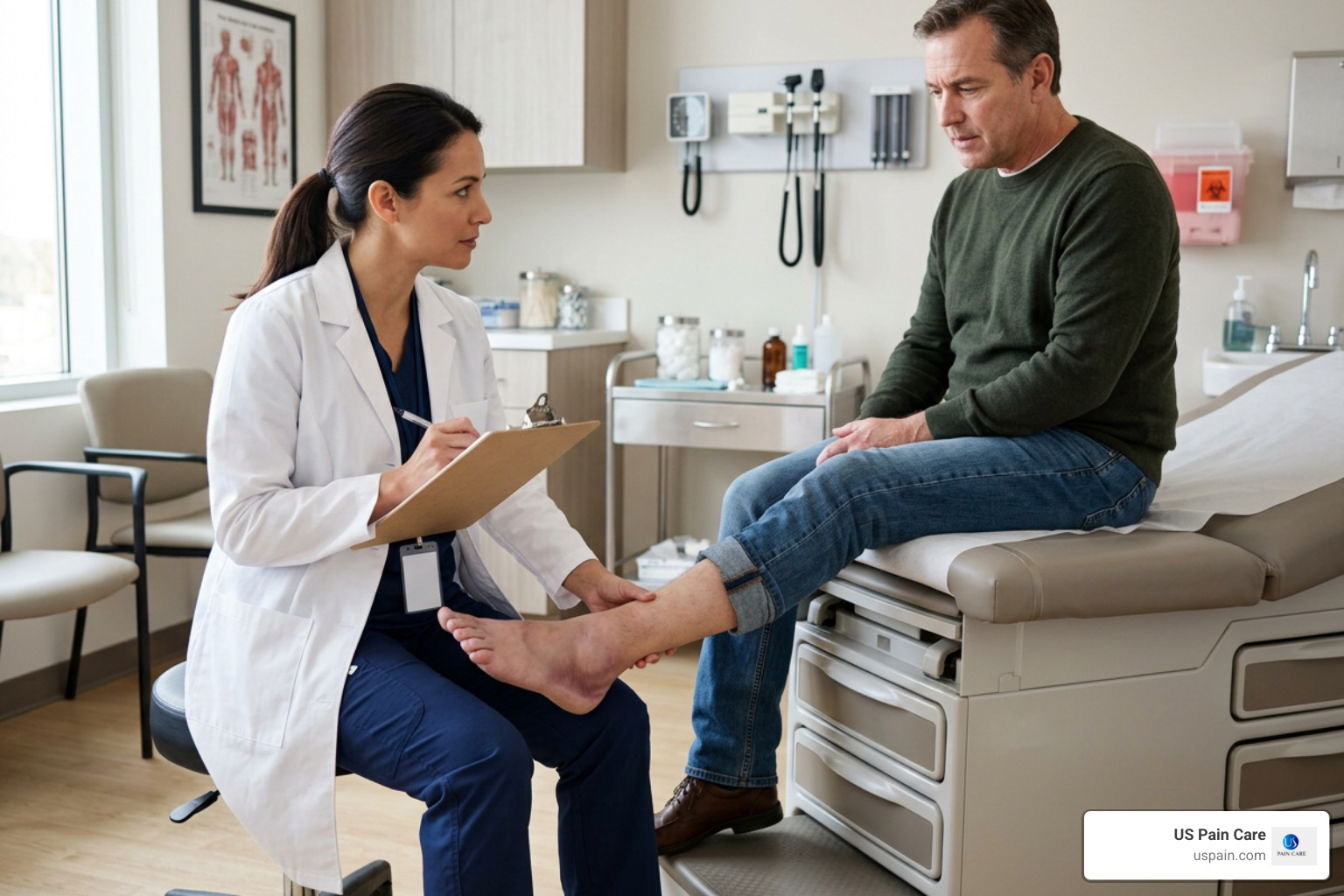 Doctor evaluating a patient's swollen ankle and taking clinical notes