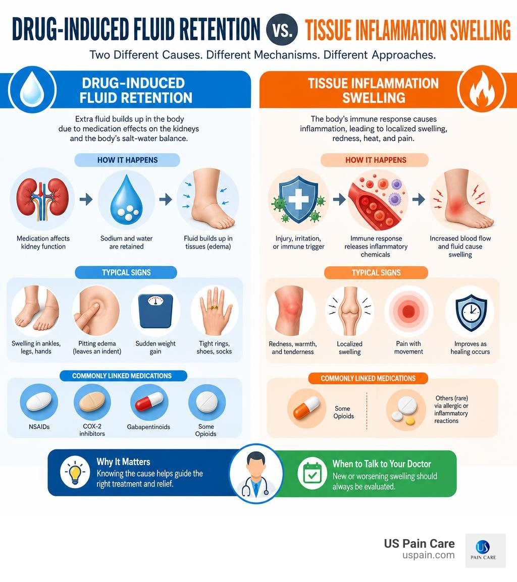 Drug-induced fluid retention vs. tissue inflammation swelling comparison infographic infographic