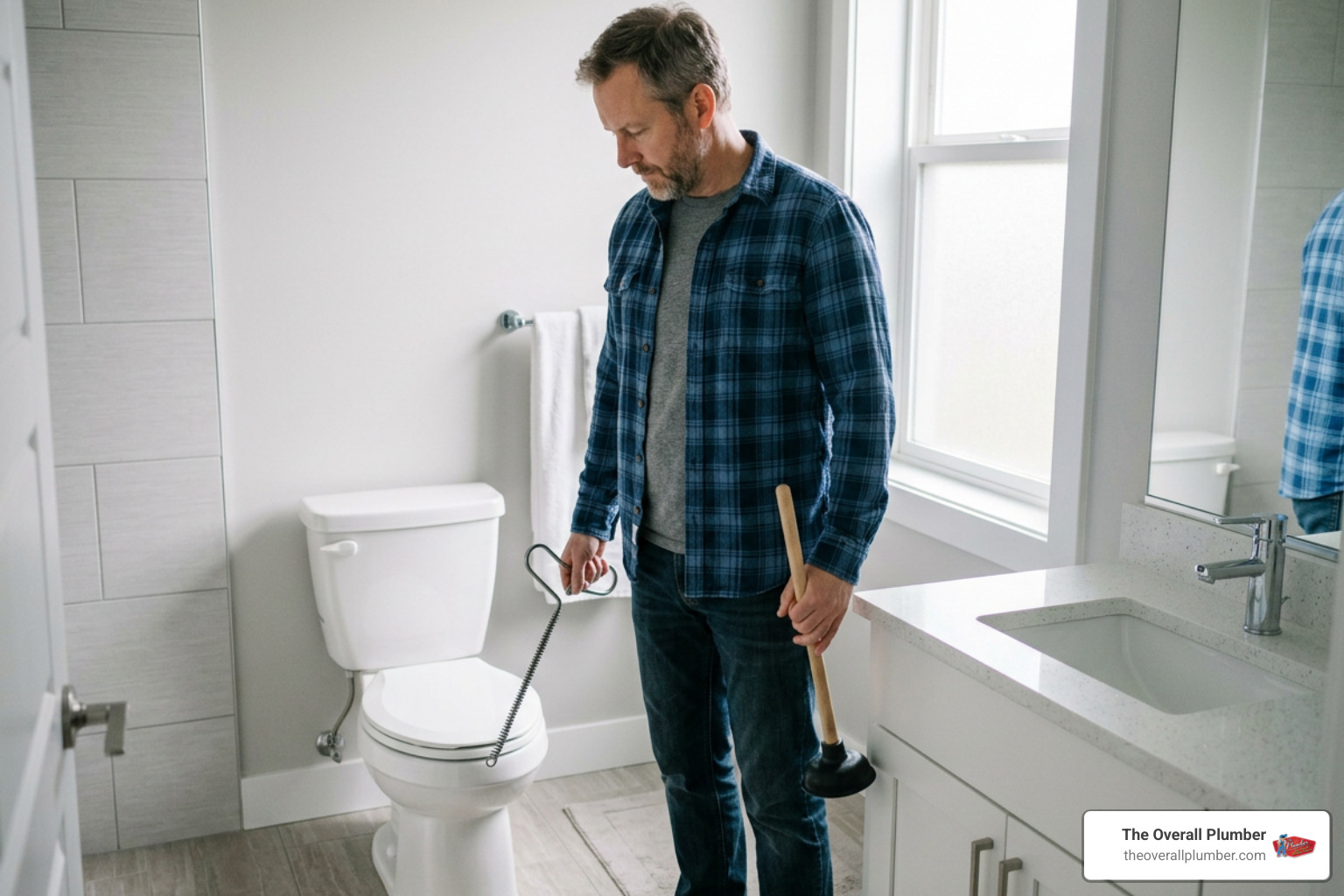 Homeowner choosing between a toilet plunger and a closet auger