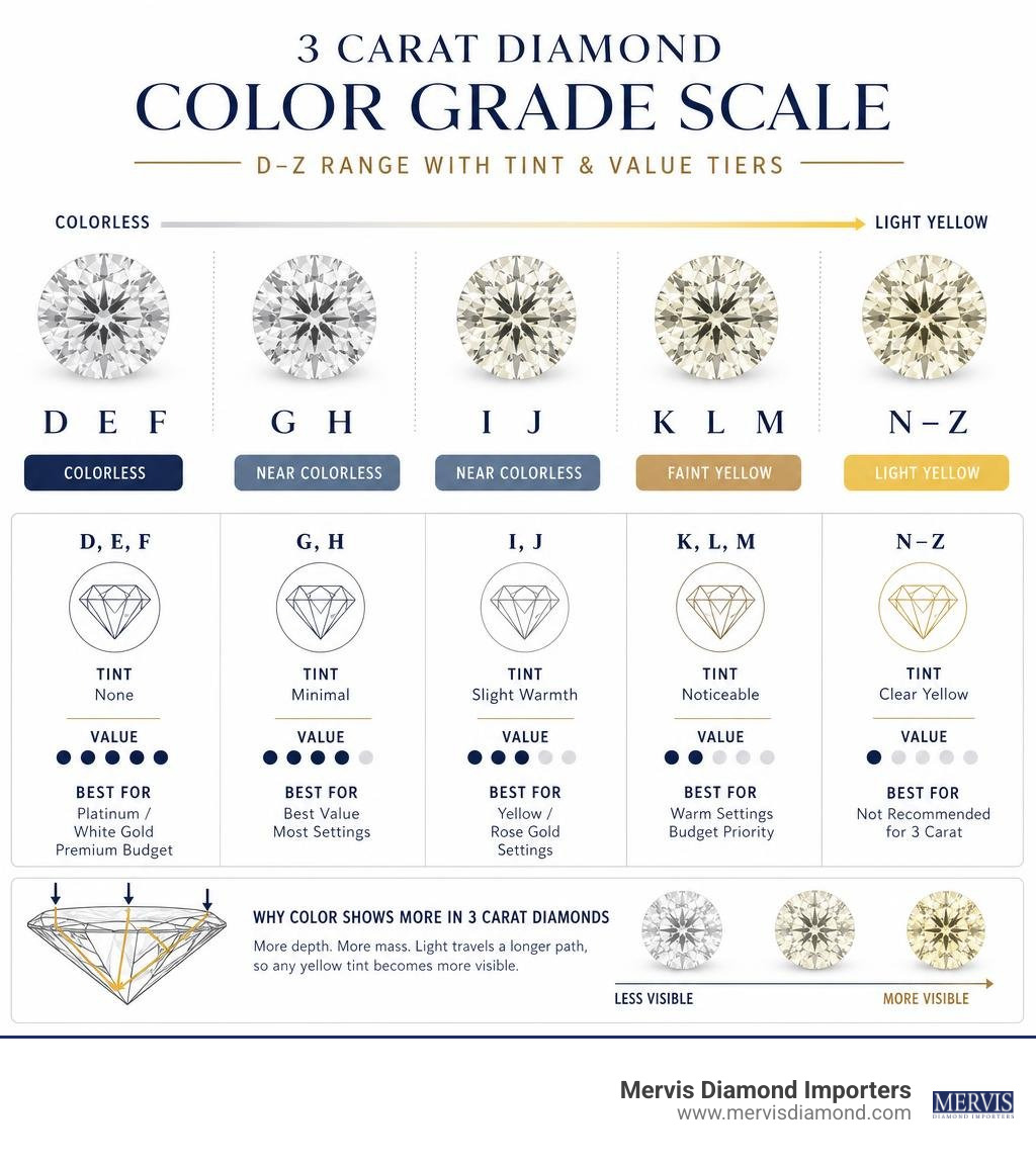 Diamond color grade scale infographic for 3 carat stones showing D-Z range with tint and value tiers infographic Diamond color grade scale infographic for 3 carat stones showing D-Z range with tint and value tiers infographic