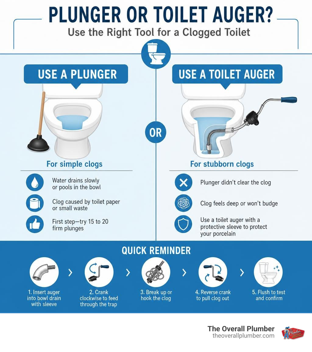 Infographic showing when to use a plunger vs. a toilet auger to clear a clogged toilet infographic