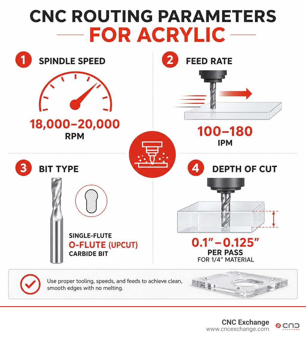 Infographic showing CNC routing parameters for acrylic: spindle speed, feed rate, bit type, and depth of cut infographic Infographic showing CNC routing parameters for acrylic: spindle speed, feed rate, bit type, and depth of cut infographic
