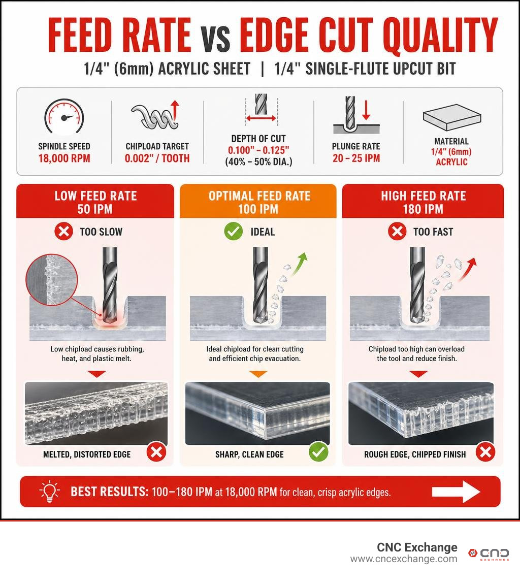 Chart comparing feed rate vs edge cut quality on 1/4 inch acrylic sheet infographic Chart comparing feed rate vs edge cut quality on 1/4 inch acrylic sheet infographic