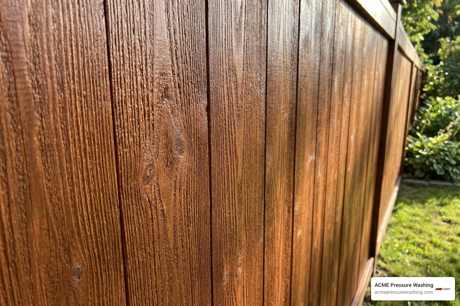 a clean, freshly stained cedar fence displaying restored wood grain and finish