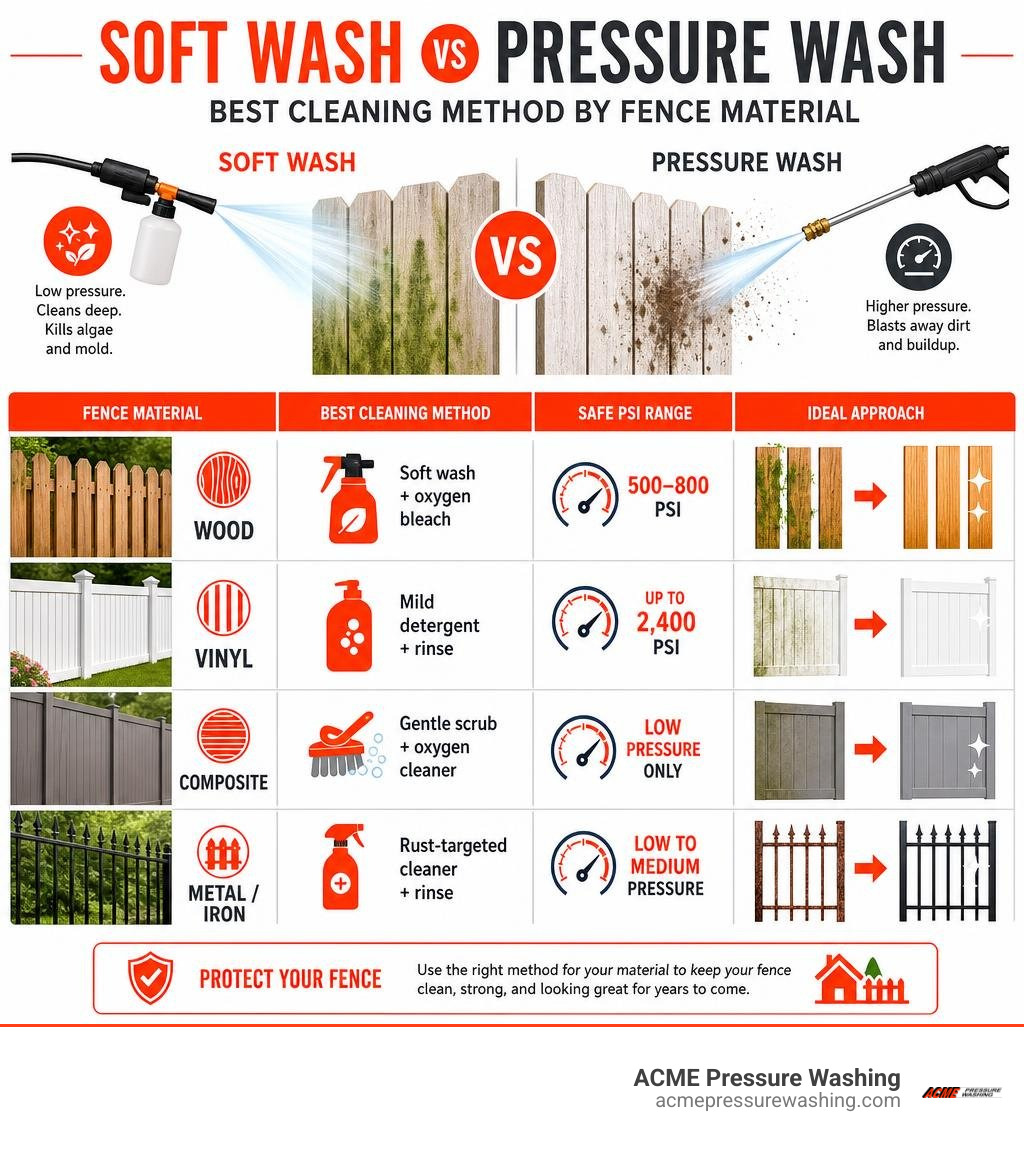 infographic comparing soft wash vs pressure wash methods for wood vinyl composite and metal fences infographic