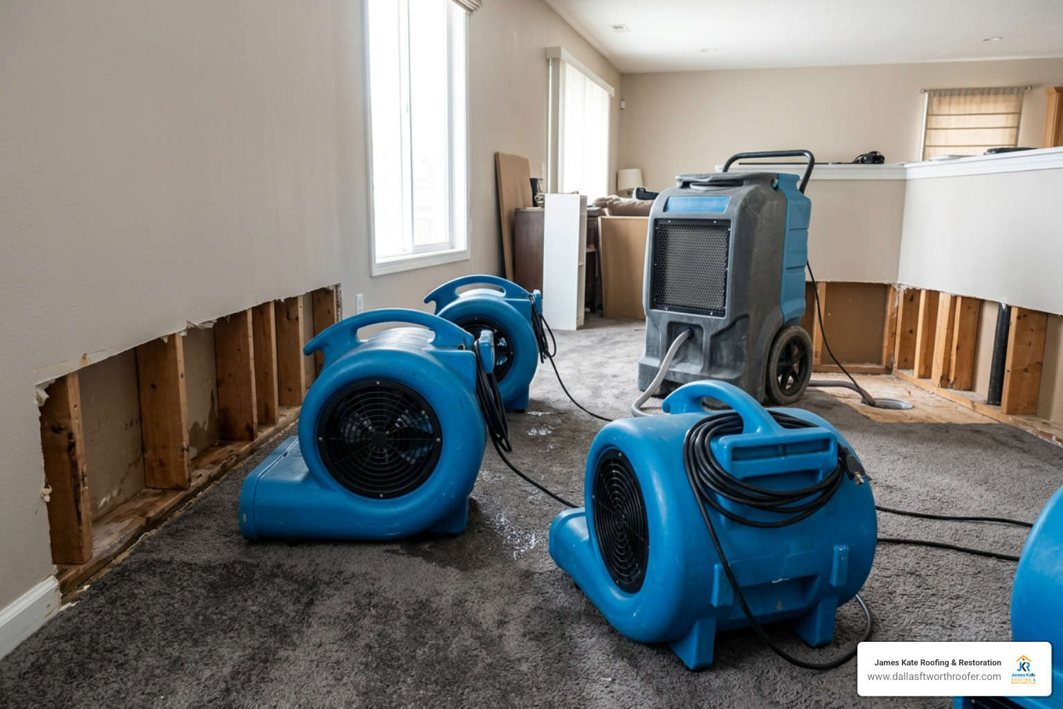 commercial drying equipment setup with high-velocity air movers and LGR dehumidifier in place commercial drying equipment setup with high-velocity air movers and LGR dehumidifier in place