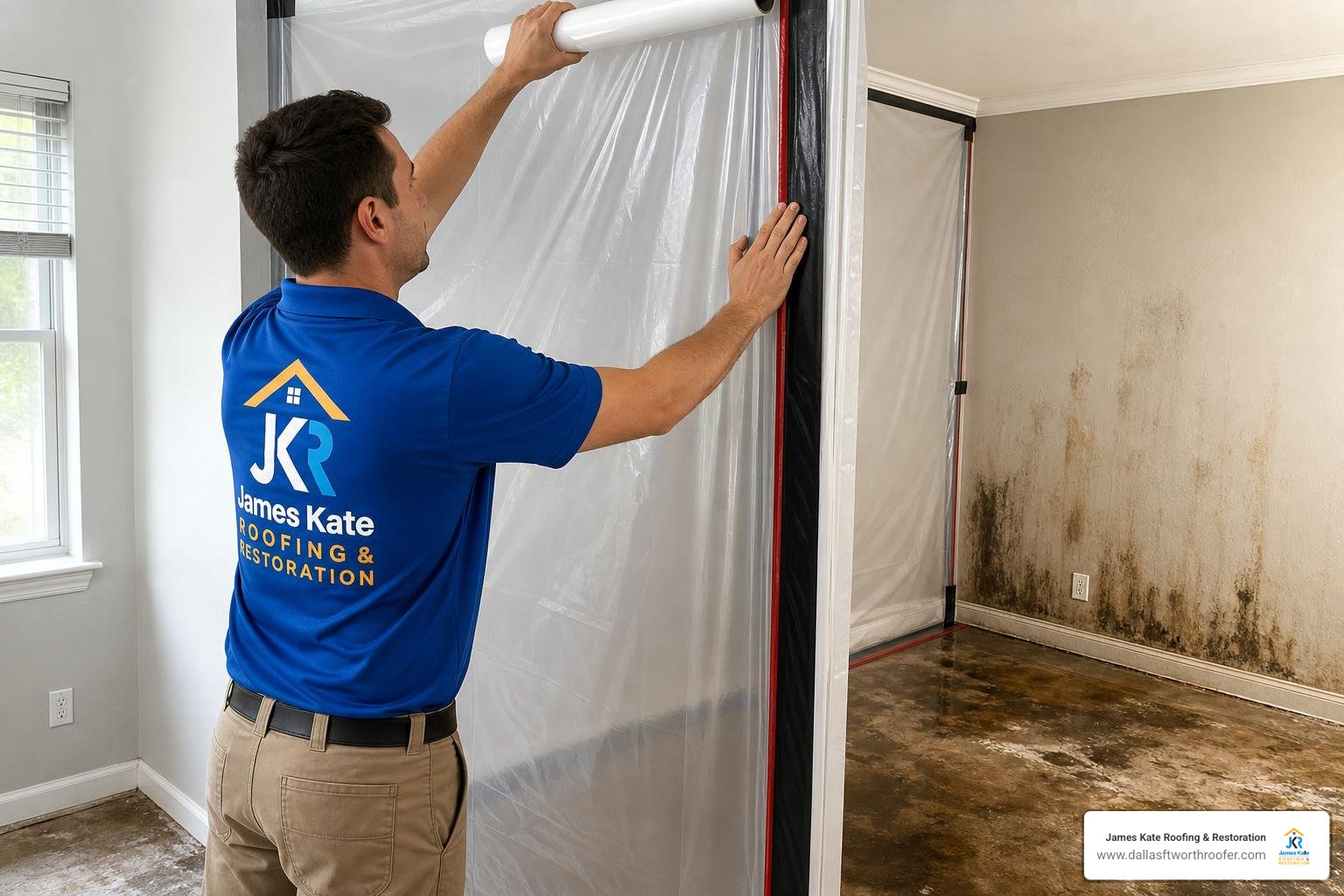 technician in royal blue James Kate shirt setting up containment barrier for mold remediation technician in royal blue James Kate shirt setting up containment barrier for mold remediation