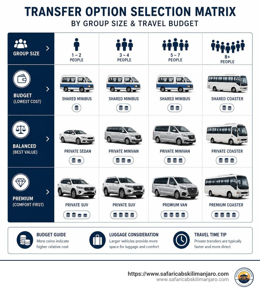 Transfer option selection matrix by group size and travel budget infographic Transfer option selection matrix by group size and travel budget infographic