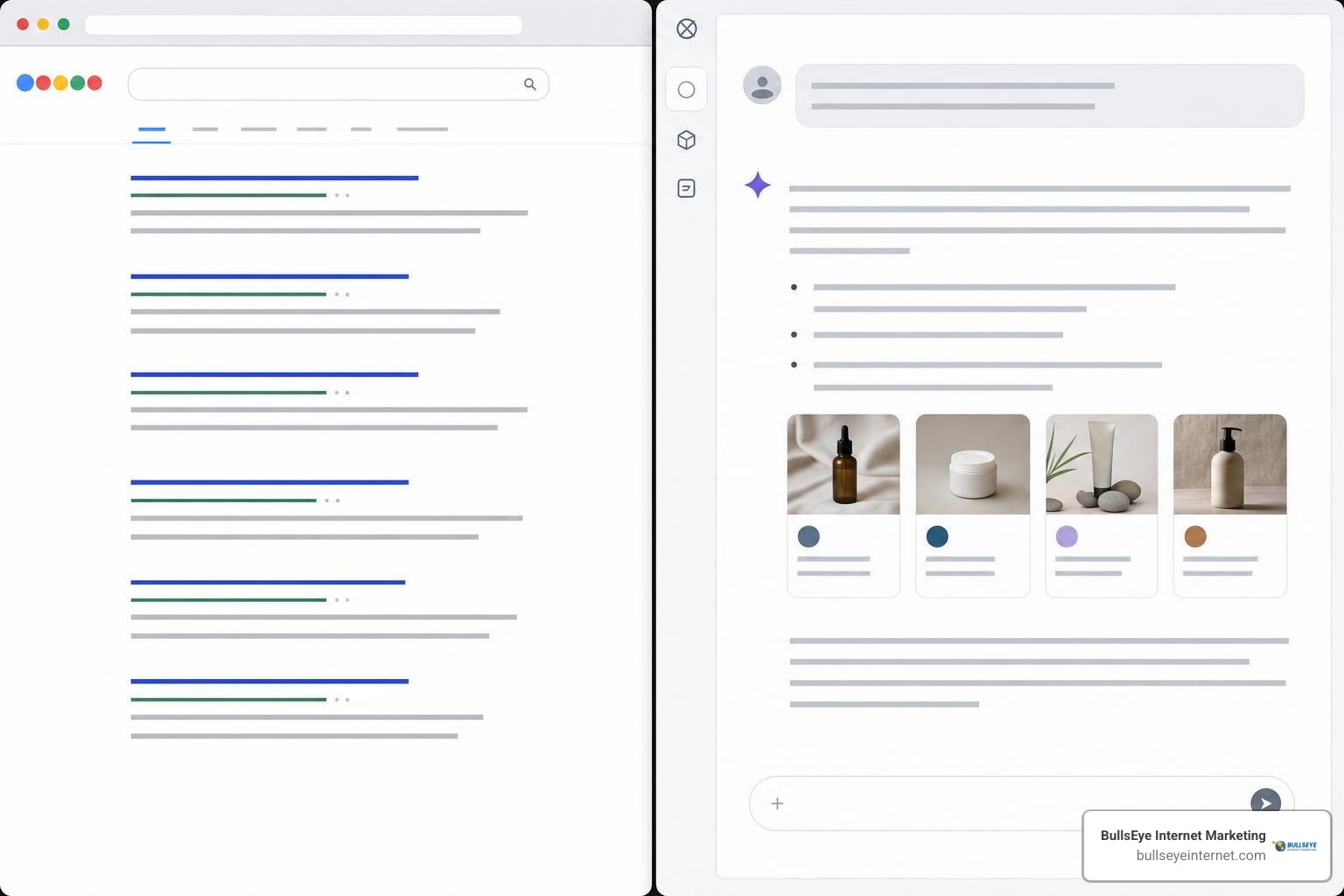 Traditional search result list compared to AI answer engine citation block BullsEye Internet Marketing dashboard displaying AI search visibility metrics and generative engine optimization strategies.