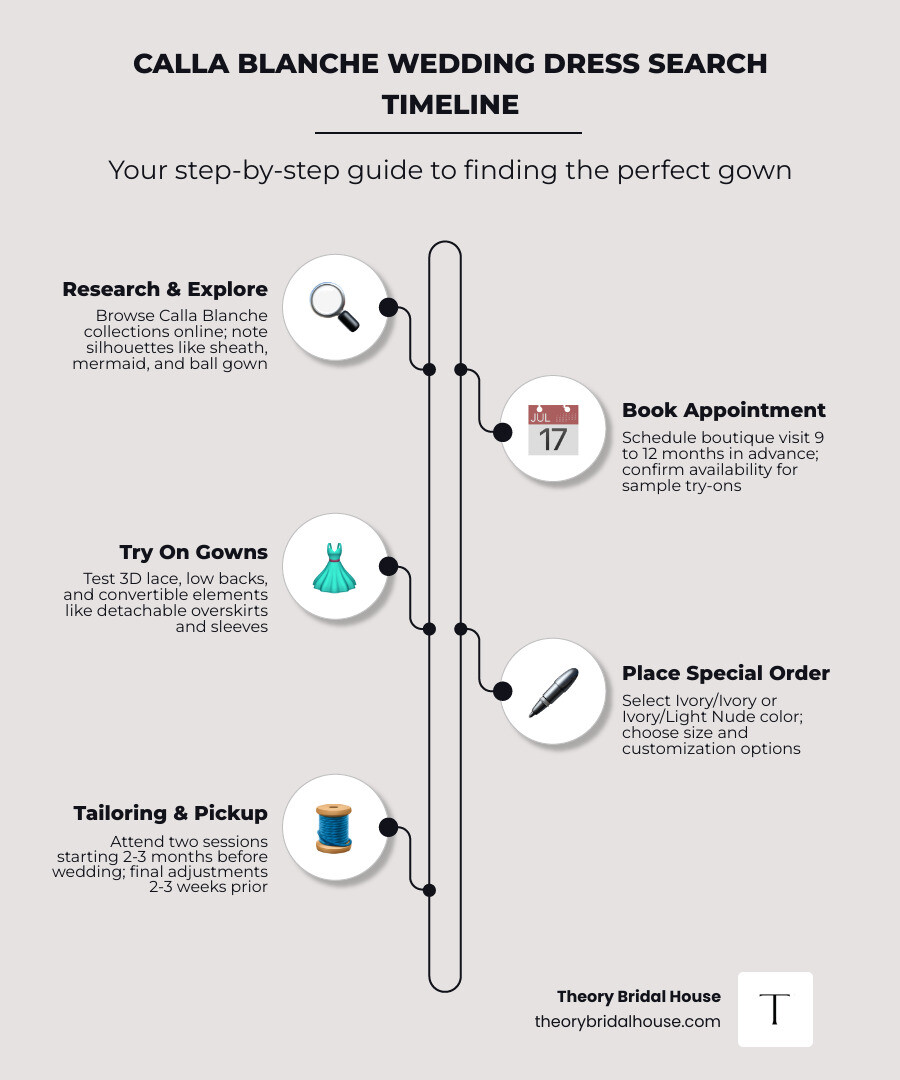 Calla Blanche wedding dress key features, silhouettes, and shopping timeline overview infographic Calla Blanche wedding dress key features, silhouettes, and shopping timeline overview infographic