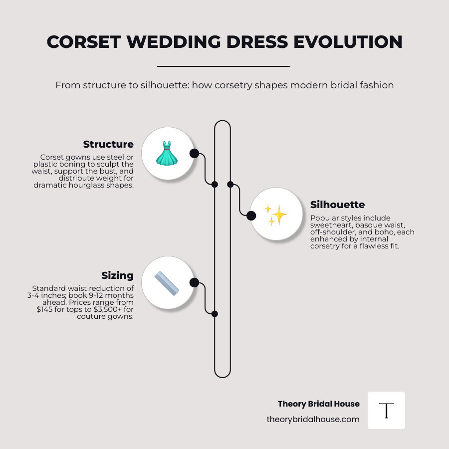 Evolution of bridal corsetry styles from structure to silhouette types and sizing guide infographic