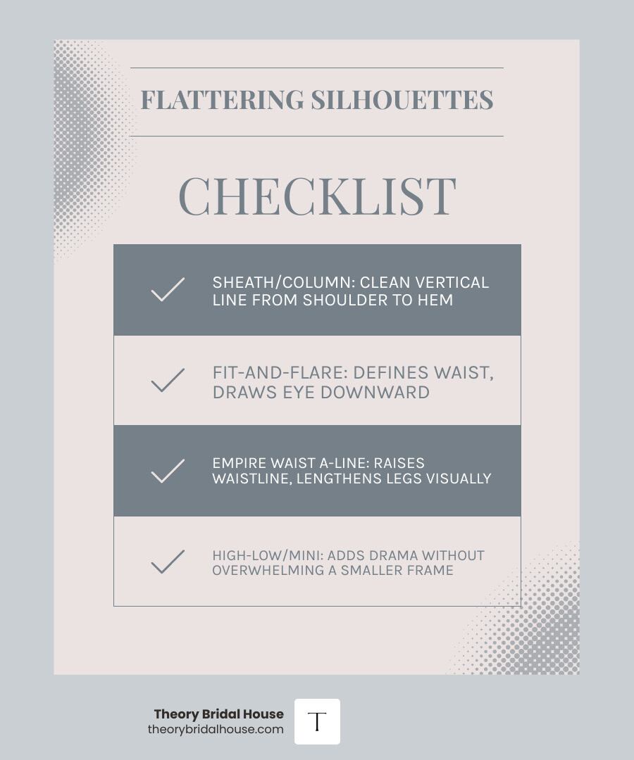 Flattering silhouettes for petite brides: sheath, fit-and-flare, empire waist, mermaid, high-low infographic