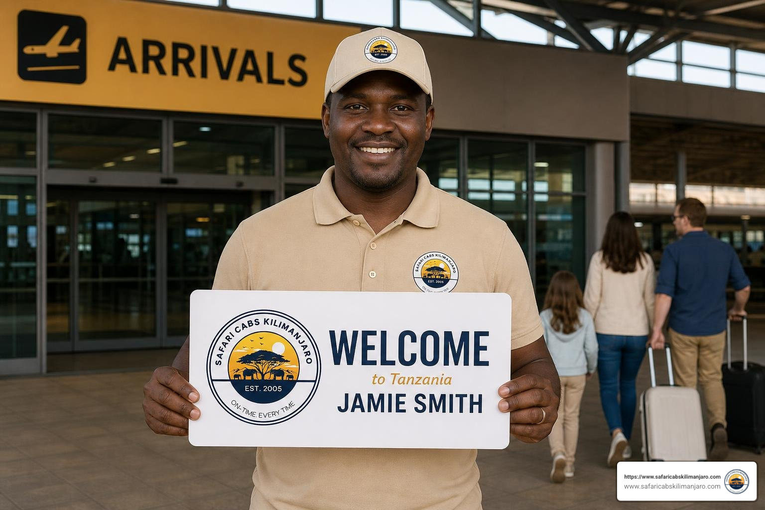 Driver holding a personalized greeting sign at JRO arrivals terminal Driver holding a personalized greeting sign at JRO arrivals terminal