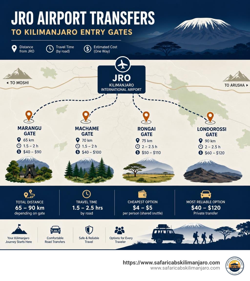 Infographic showing JRO airport transfer routes, distances, travel times, and costs to Kilimanjaro entry gates infographic Infographic showing JRO airport transfer routes, distances, travel times, and costs to Kilimanjaro entry gates infographic