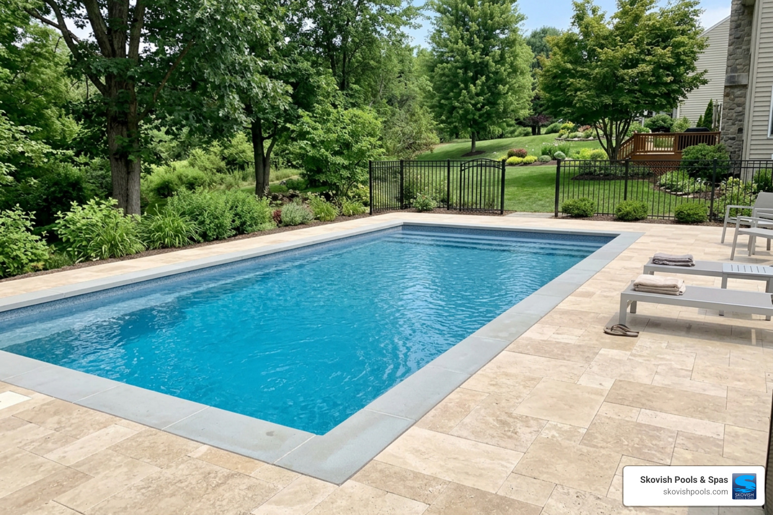 new original backyard pool deck with travertine-style pavers for a pool renovation