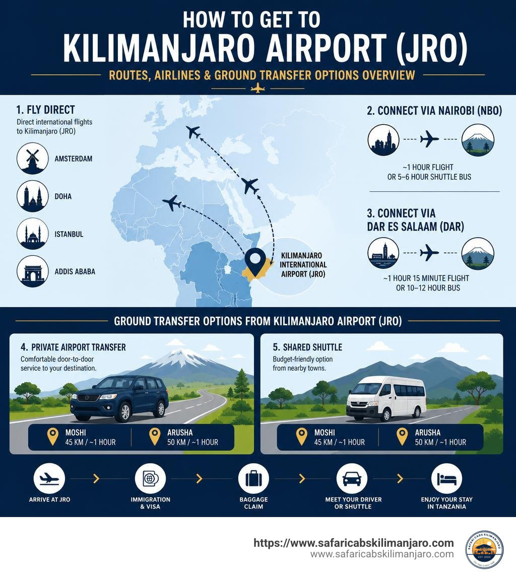 How to get to Kilimanjaro Airport - routes, airlines, and ground transfer options overview infographic How to get to Kilimanjaro Airport - routes, airlines, and ground transfer options overview infographic
