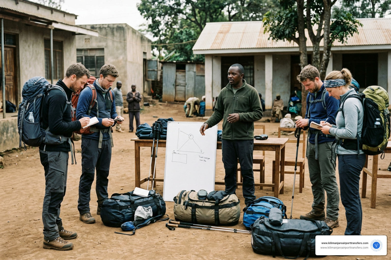 Climbers preparing equipment and receiving briefings in Moshi town