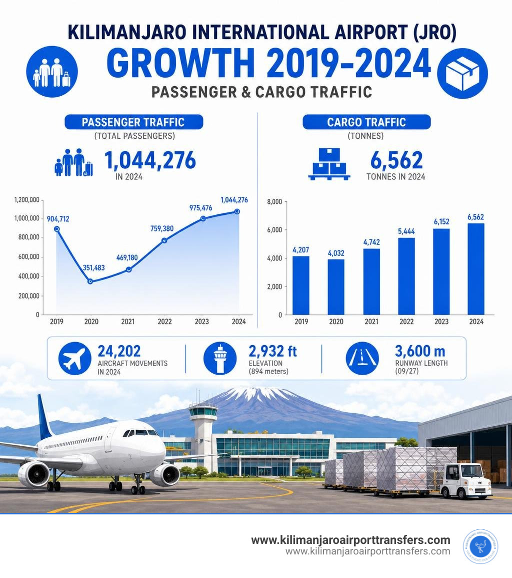 Growth stats of passenger and cargo traffic at Kilimanjaro International Airport from 2019 to 2024 infographic Growth stats of passenger and cargo traffic at Kilimanjaro International Airport from 2019 to 2024 infographic