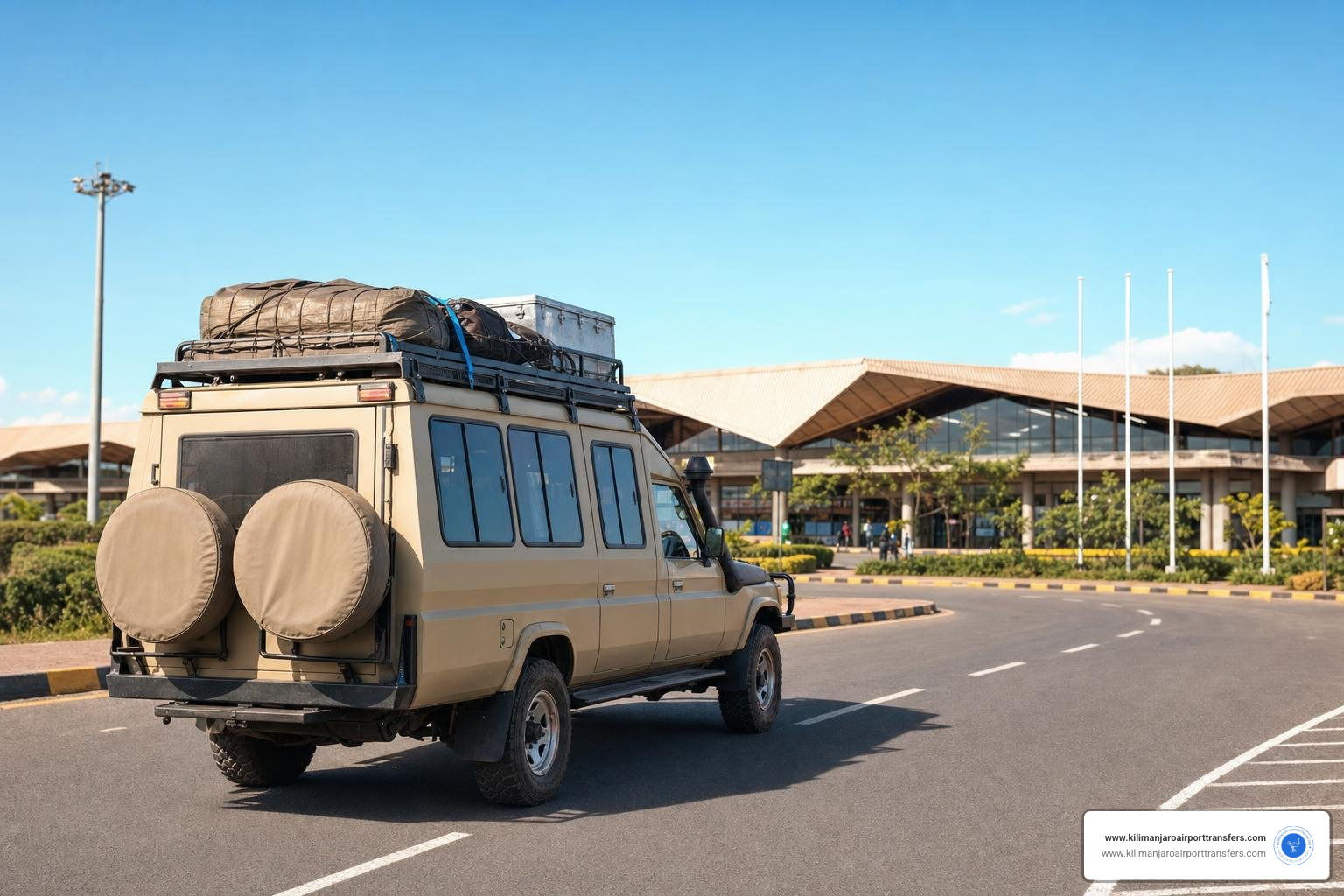 Safari vehicle loaded with luggage departing Kilimanjaro Airport terminal area Safari vehicle loaded with luggage departing Kilimanjaro Airport terminal area
